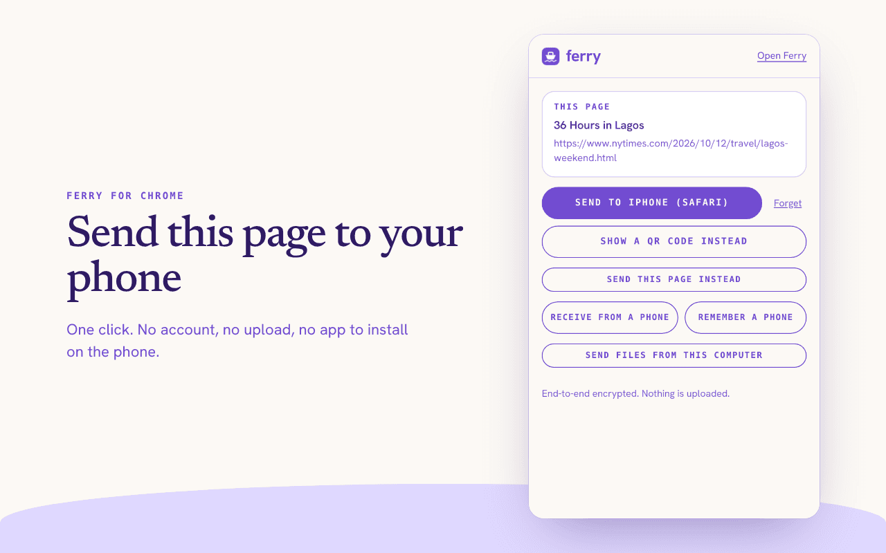 The Ferry popup with the current page ready to send to a remembered iPhone